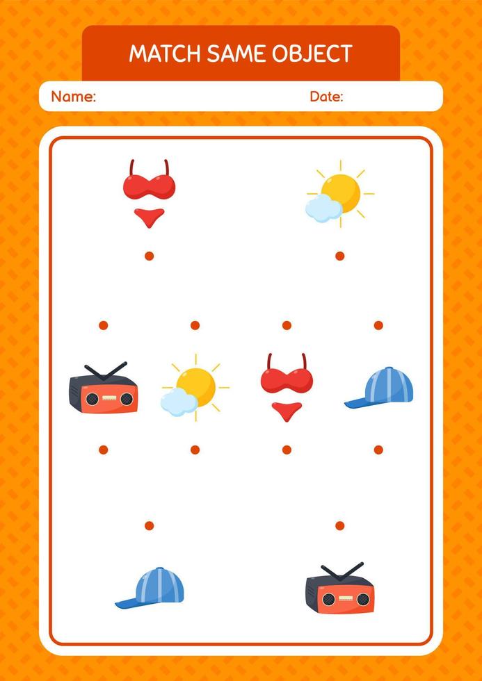 Match with same object game summer icon. worksheet for preschool kids, kids activity sheet vector