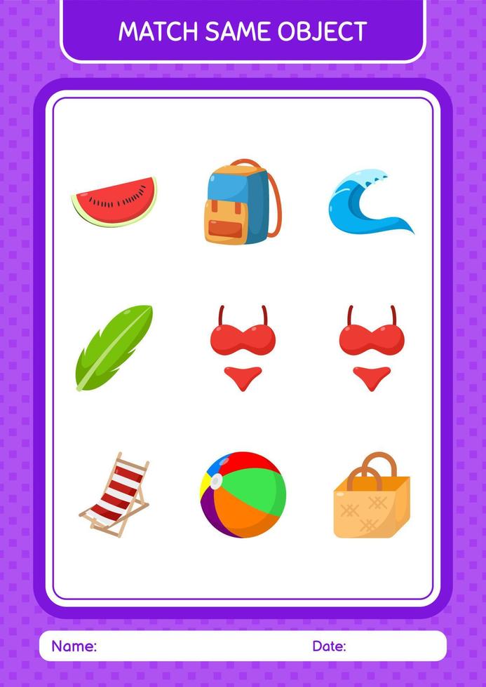 Match with same object game summer icon. worksheet for preschool kids, kids activity sheet vector