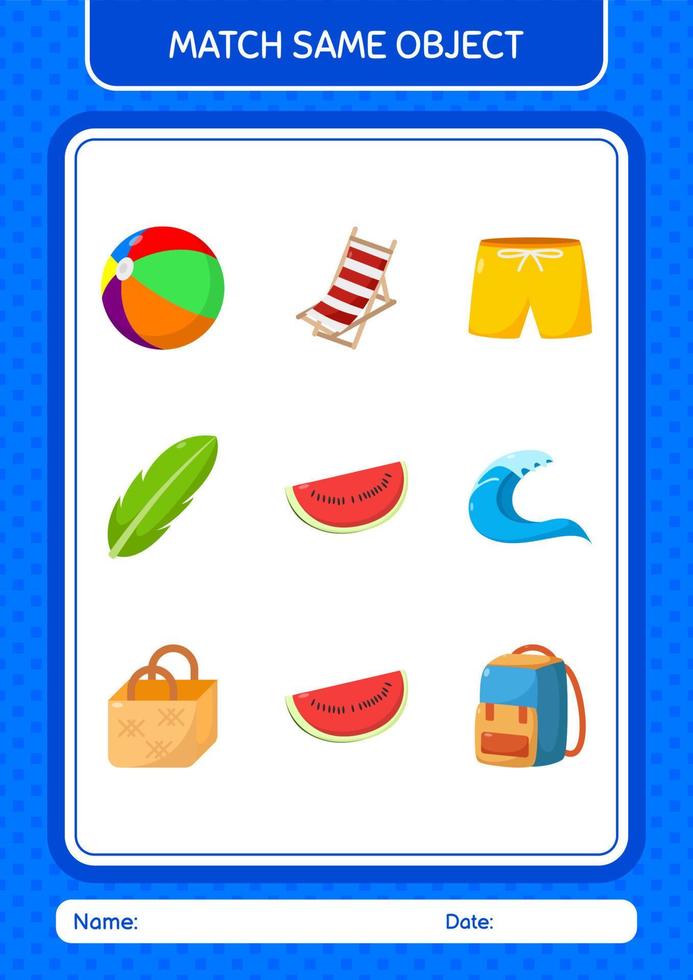 Match with same object game summer icon. worksheet for preschool kids, kids activity sheet vector