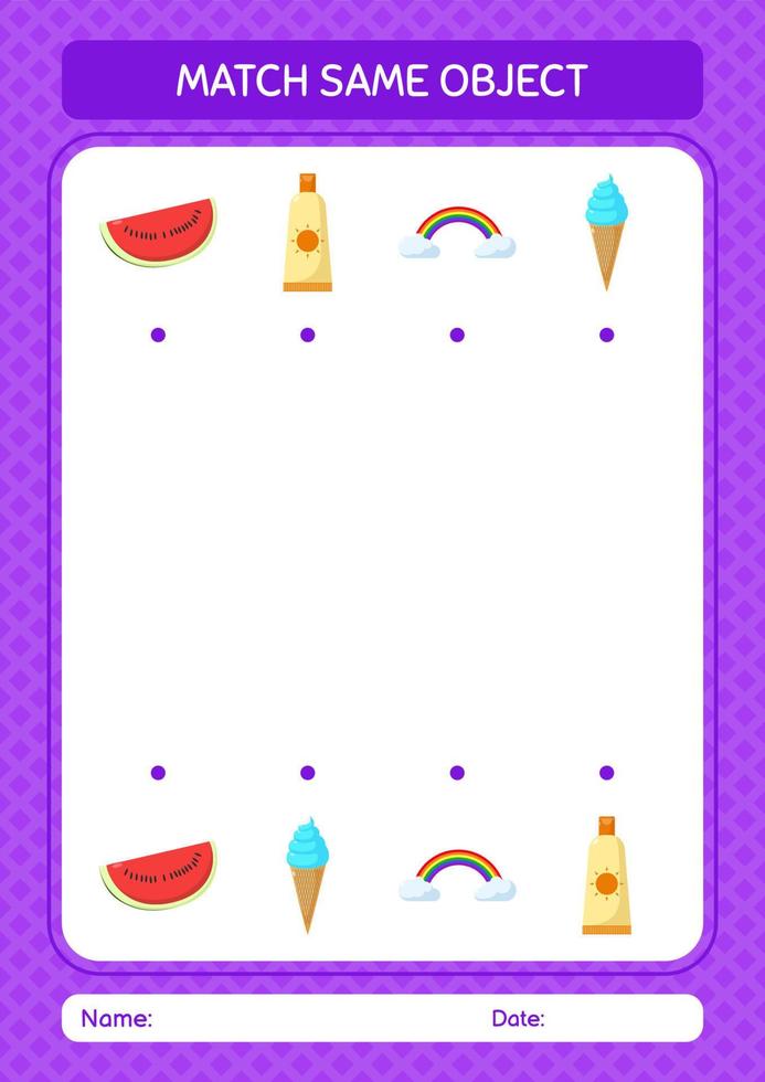 Match with same object game summer icon. worksheet for preschool kids, kids activity sheet vector