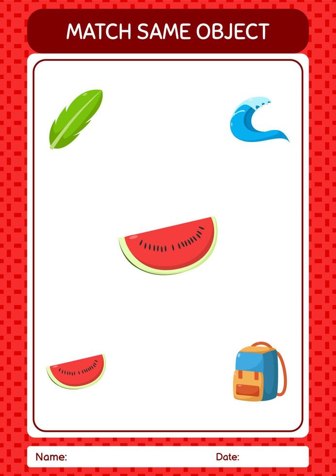 Match with same object game summer icon. worksheet for preschool kids, kids activity sheet vector