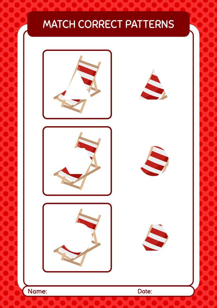 Match pattern game with beach bench. worksheet for preschool kids, kids activity sheet vector