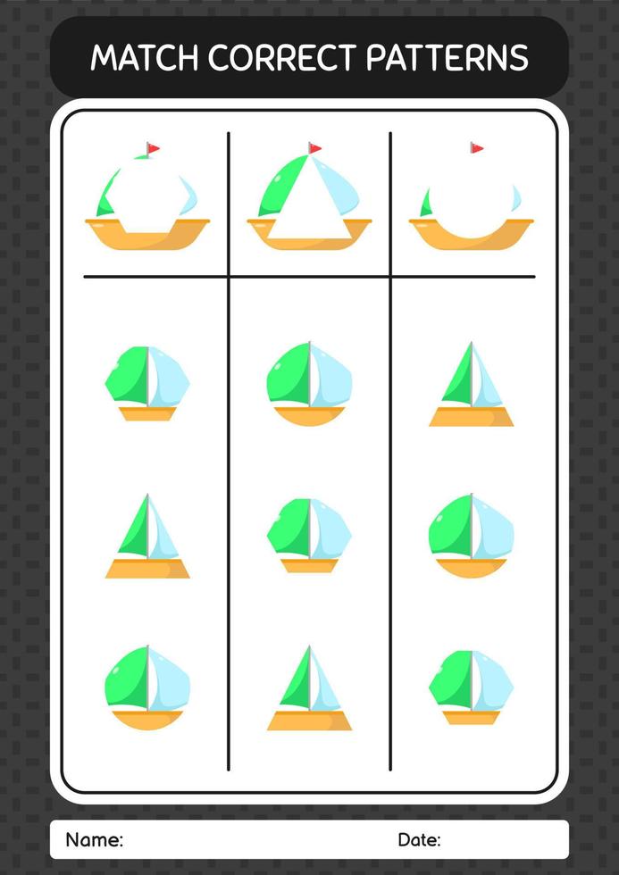 juego de patrón de coincidencia con velero. hoja de trabajo para niños en edad preescolar, hoja de actividades para niños vector