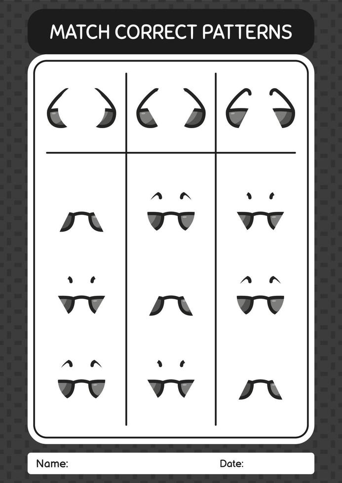 Match pattern game with sunglasses. worksheet for preschool kids, kids activity sheet vector