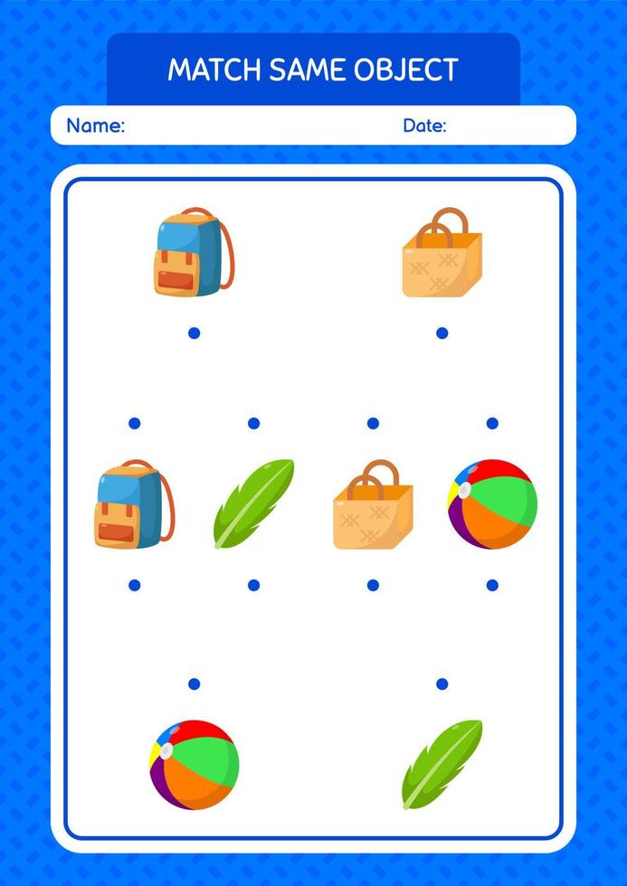 Match with same object game summer icon. worksheet for preschool kids, kids activity sheet vector