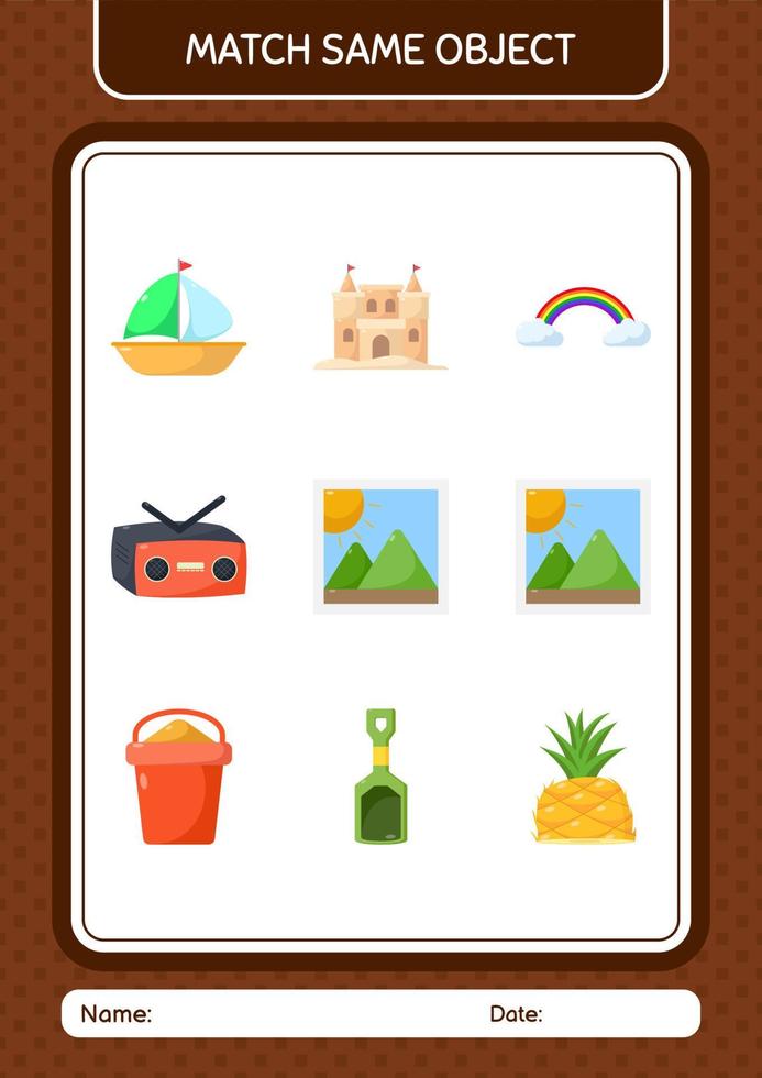 Match with same object game summer icon. worksheet for preschool kids, kids activity sheet vector