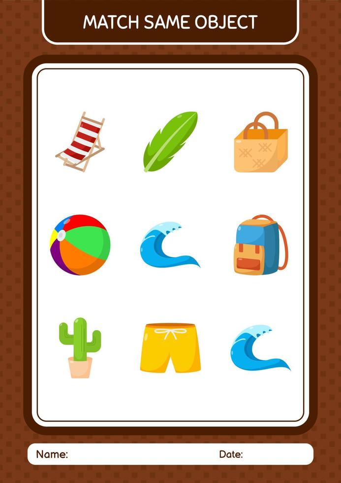 Match with same object game summer icon. worksheet for preschool kids, kids activity sheet vector