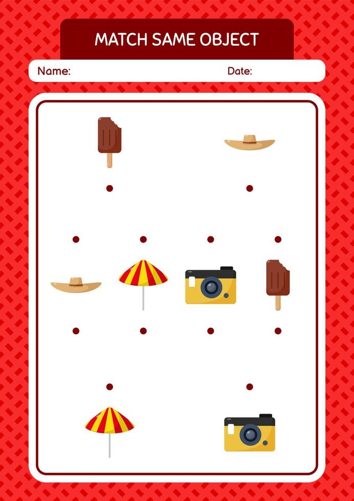 Match with same object game summer icon. worksheet for preschool kids, kids activity sheet vector