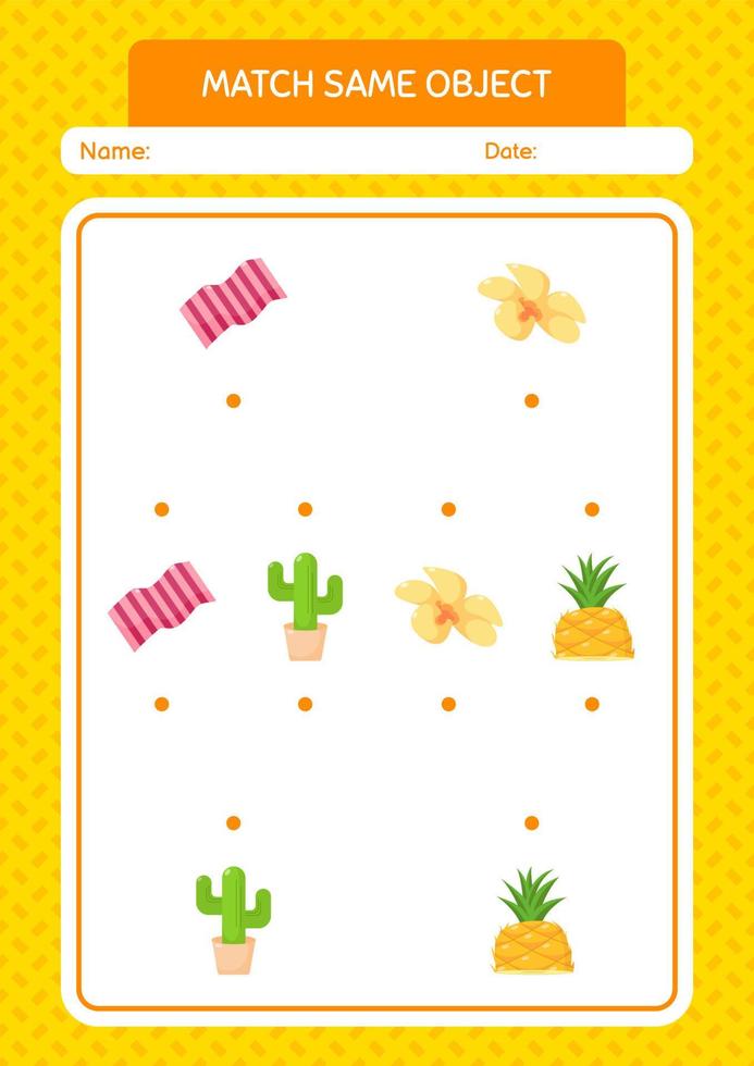 Match with same object game summer icon. worksheet for preschool kids, kids activity sheet vector