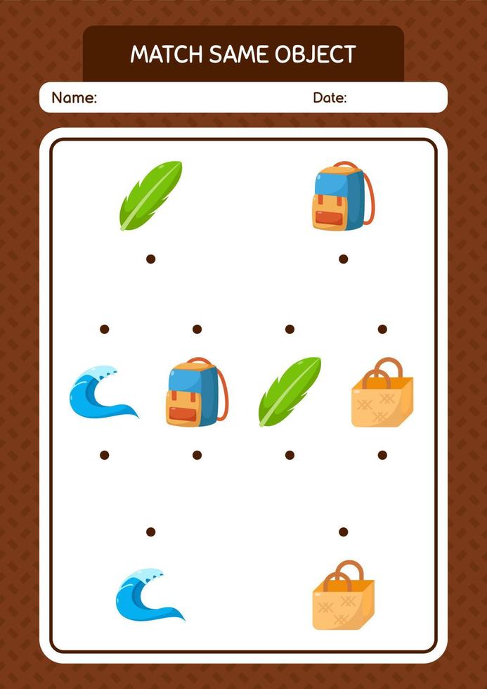 Match with same object game summer icon. worksheet for preschool kids, kids activity sheet vector