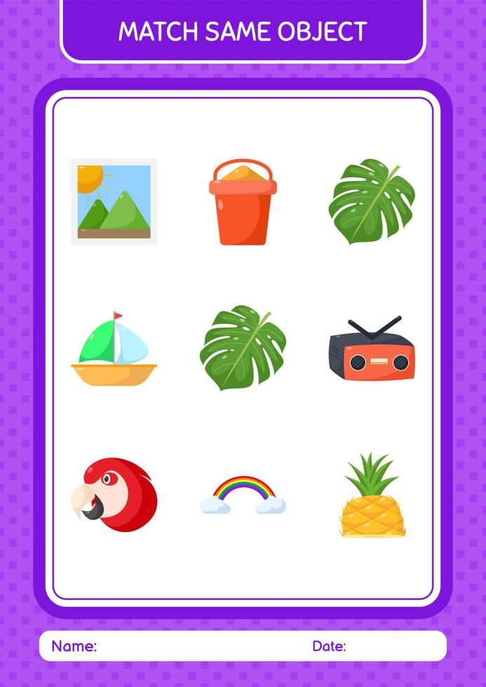 Match with same object game summer icon. worksheet for preschool kids, kids activity sheet vector