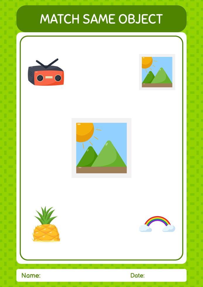 Match with same object game summer icon. worksheet for preschool kids, kids activity sheet vector