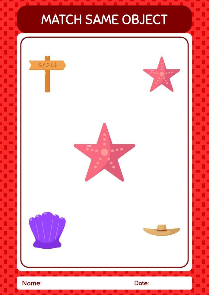 Match with same object game summer icon. worksheet for preschool kids, kids activity sheet vector