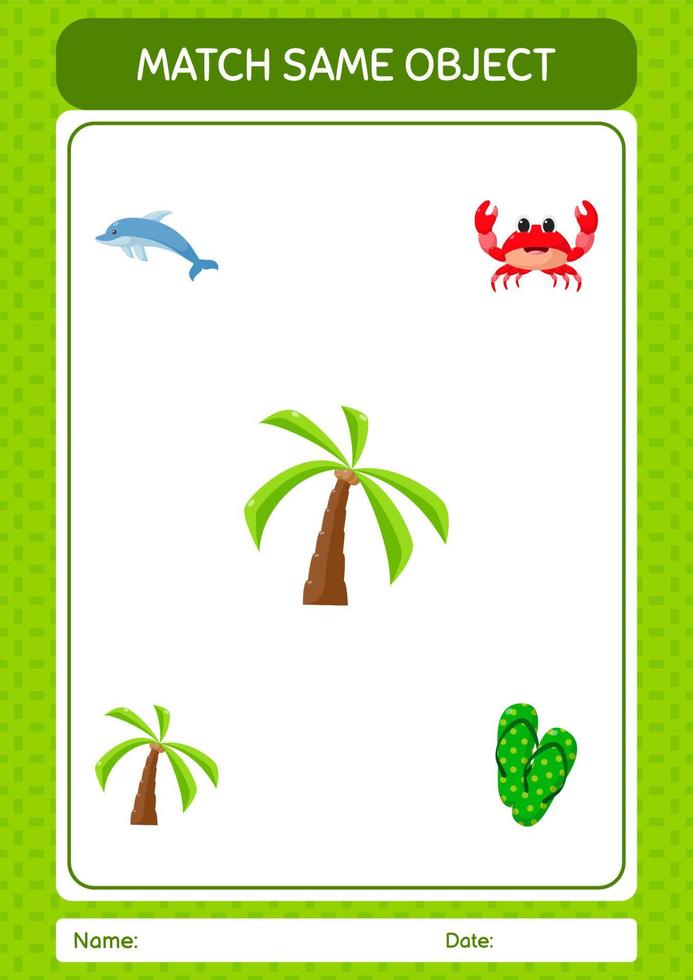 Match with same object game summer icon. worksheet for preschool kids, kids activity sheet vector