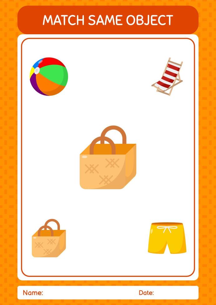 Match with same object game summer icon. worksheet for preschool kids, kids activity sheet vector