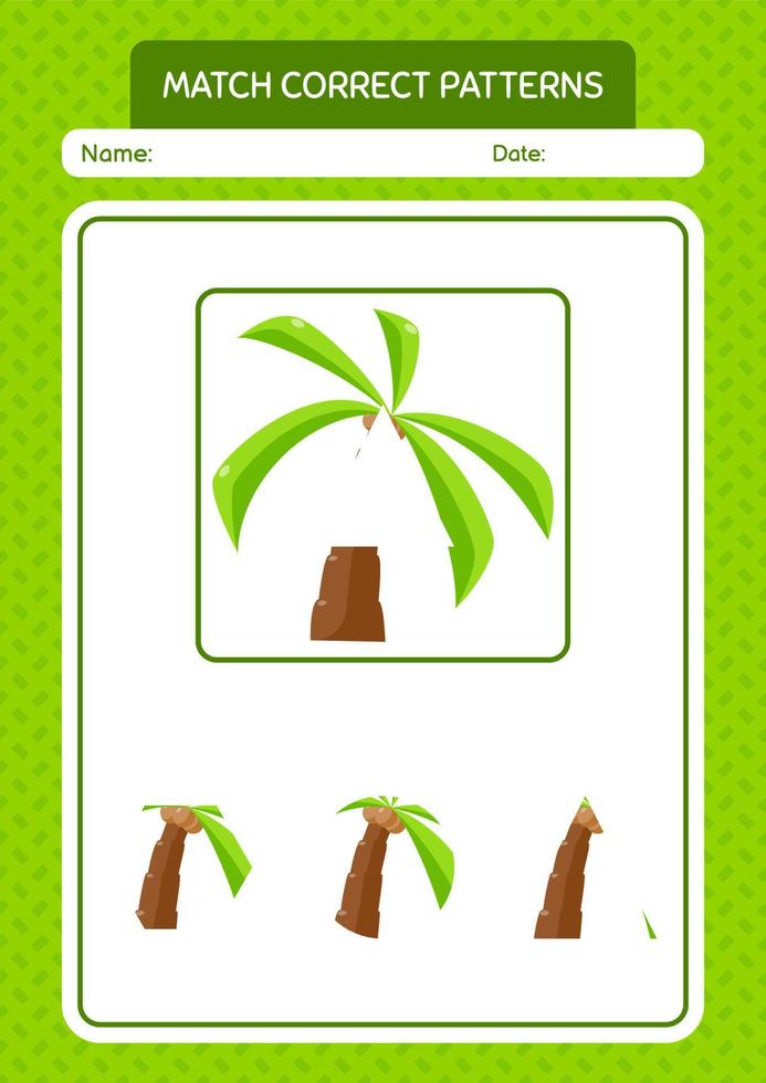 Match pattern game with coconut tree. worksheet for preschool kids, kids activity sheet vector
