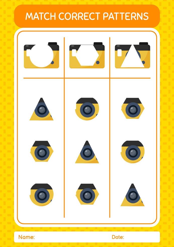 Match pattern game with camera. worksheet for preschool kids, kids activity sheet vector