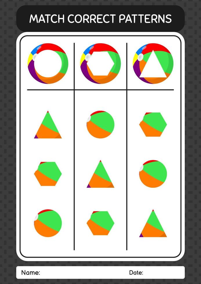 juego de patrón de coincidencia con pelota de playa. hoja de trabajo para niños en edad preescolar, hoja de actividades para niños vector