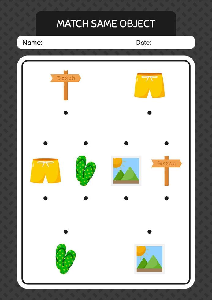 Match with same object game summer icon. worksheet for preschool kids, kids activity sheet vector