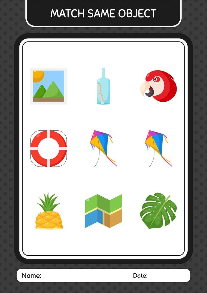 Match with same object game summer icon. worksheet for preschool kids, kids activity sheet vector