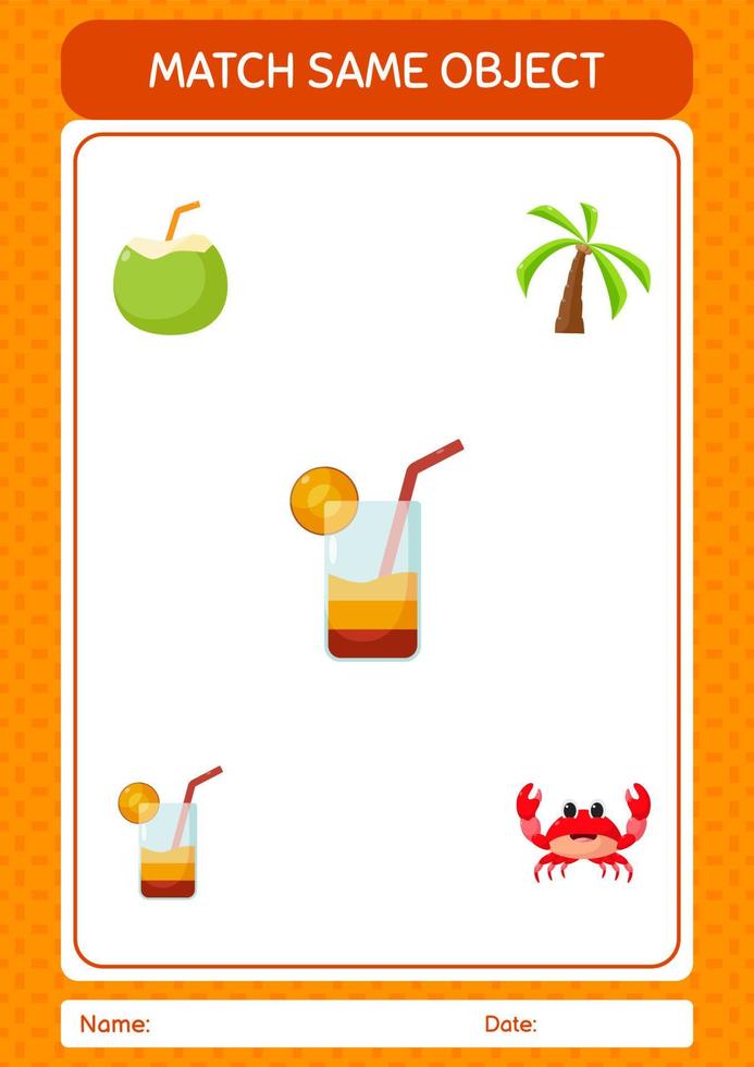 Match with same object game summer icon. worksheet for preschool kids, kids activity sheet vector