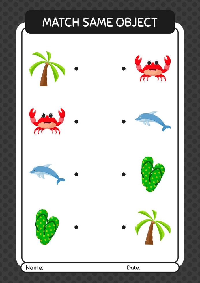 Match with same object game summer icon. worksheet for preschool kids, kids activity sheet vector