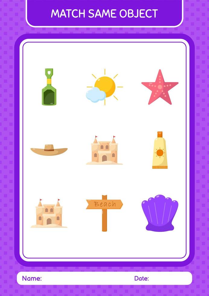 Match with same object game summer icon. worksheet for preschool kids, kids activity sheet vector