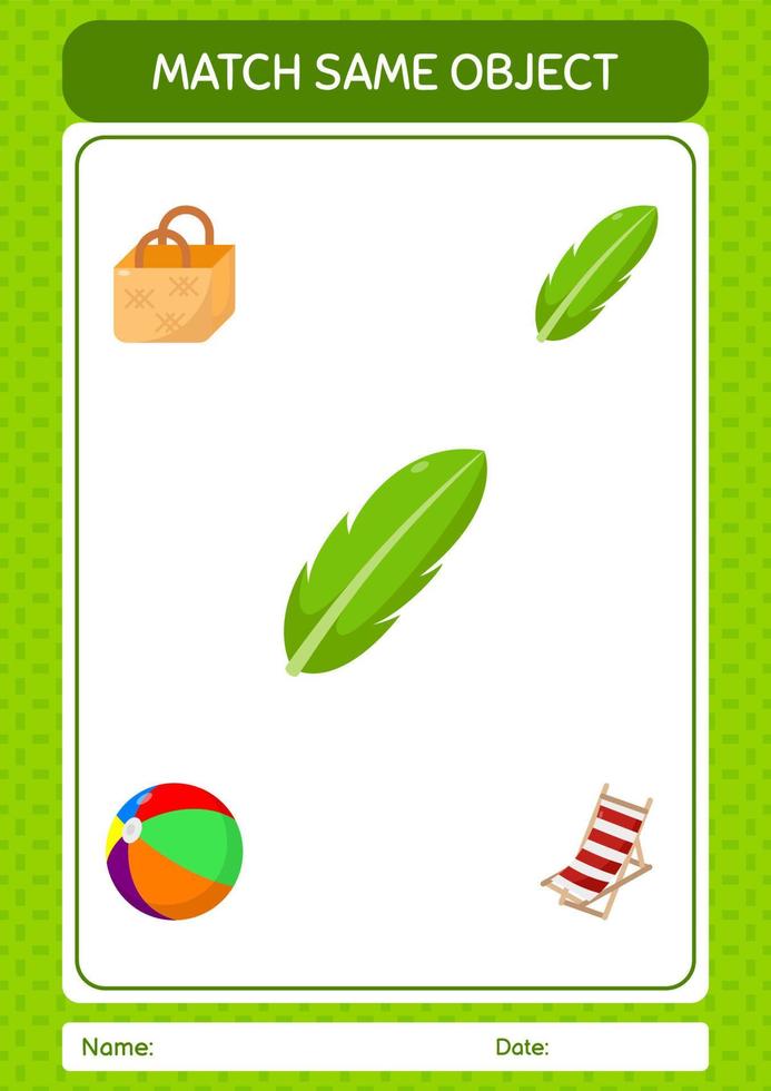 Match with same object game summer icon. worksheet for preschool kids, kids activity sheet vector