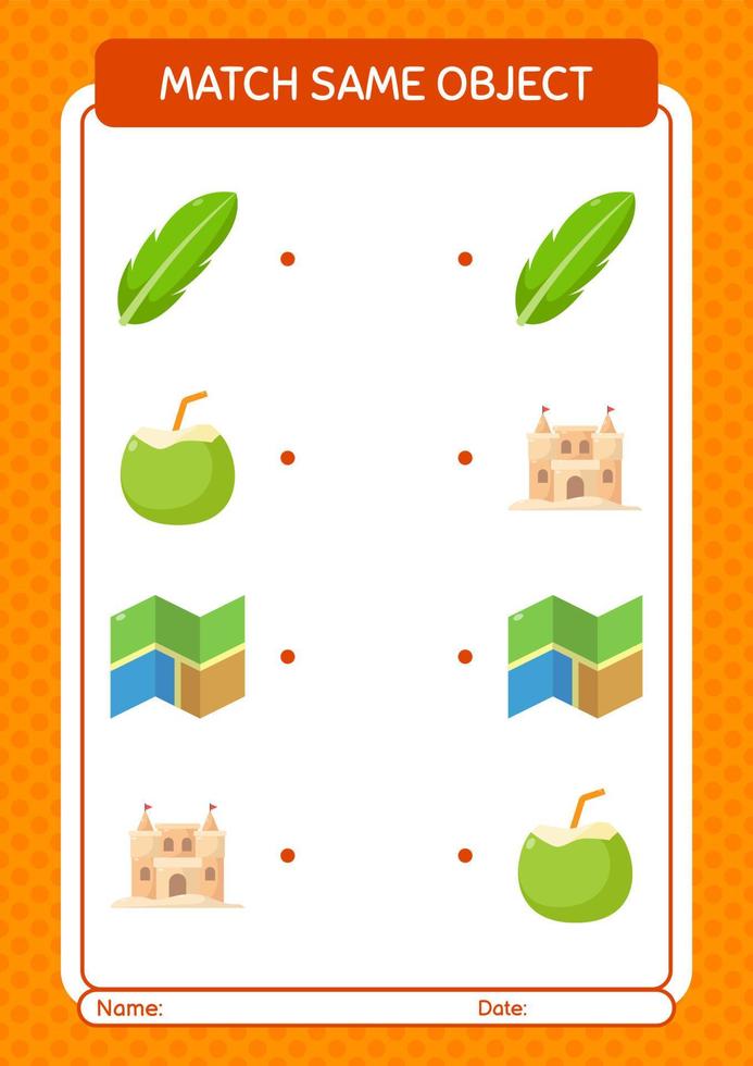 Match with same object game summer icon. worksheet for preschool kids, kids activity sheet vector