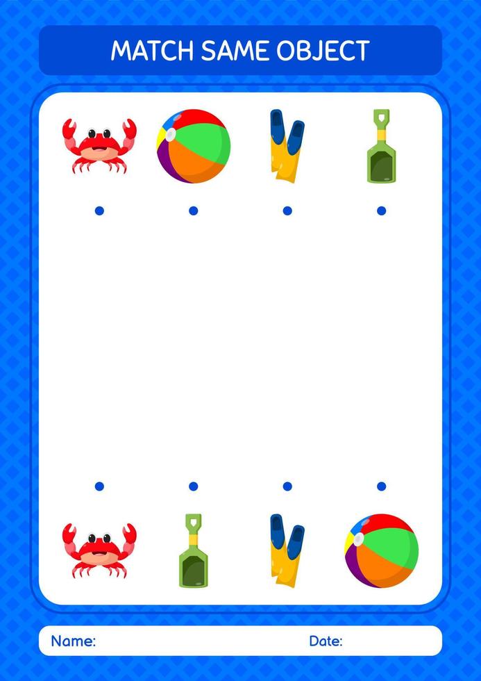 Match with same object game summer icon. worksheet for preschool kids, kids activity sheet vector