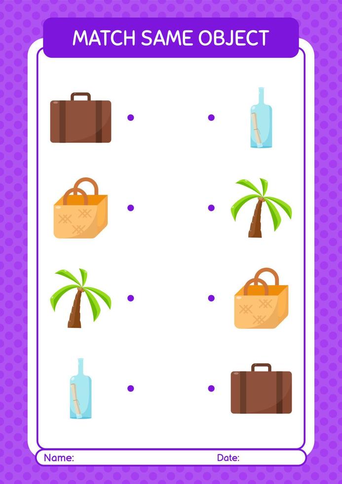 Match with same object game summer icon. worksheet for preschool kids, kids activity sheet vector