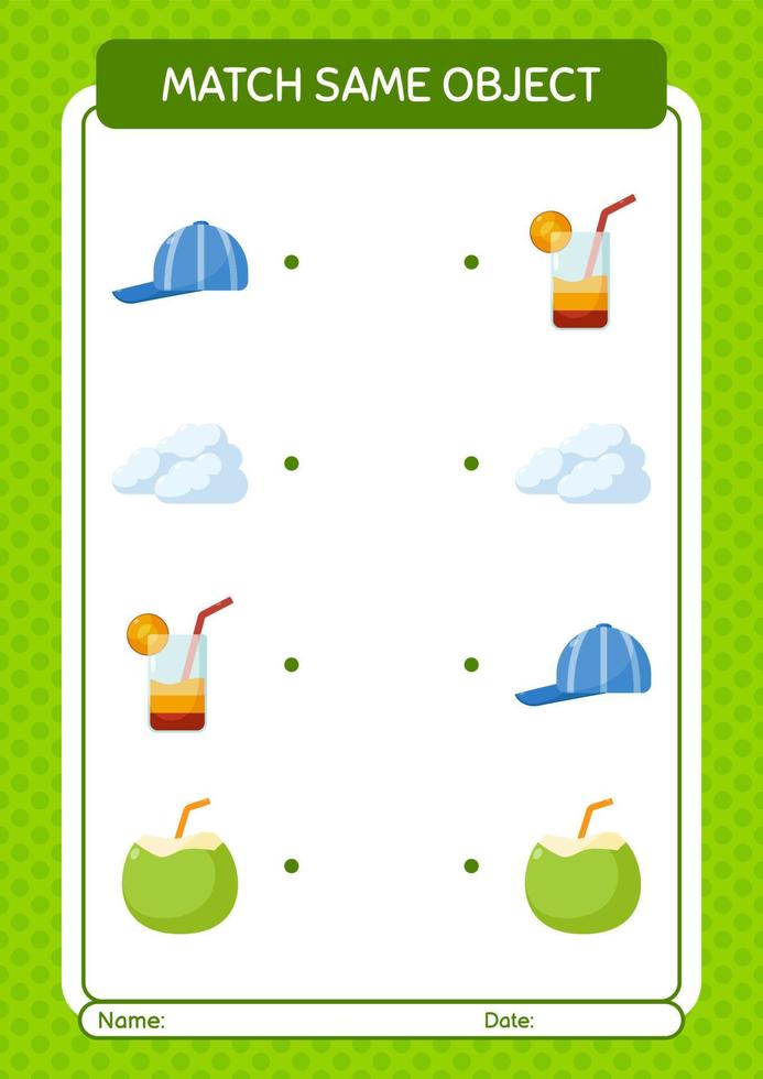 Match with same object game summer icon. worksheet for preschool kids, kids activity sheet vector