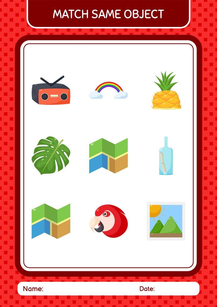 Match with same object game summer icon. worksheet for preschool kids, kids activity sheet vector