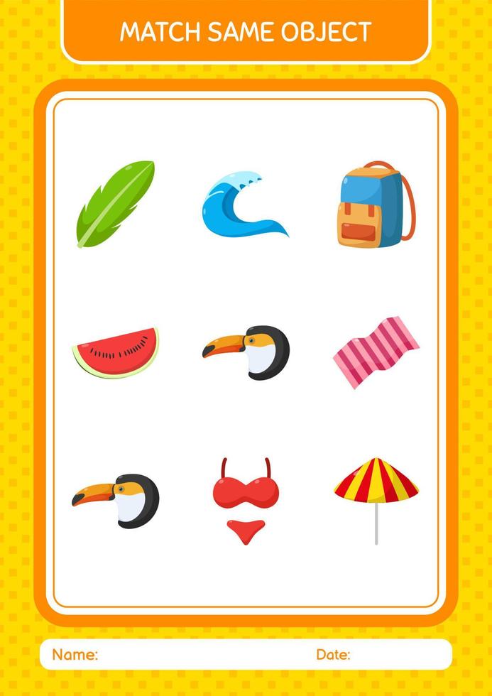 Match with same object game summer icon. worksheet for preschool kids, kids activity sheet vector