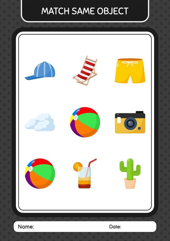 Match with same object game summer icon. worksheet for preschool kids, kids activity sheet vector