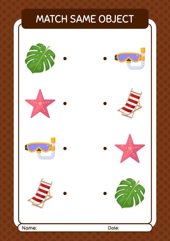 Match with same object game summer icon. worksheet for preschool kids, kids activity sheet vector