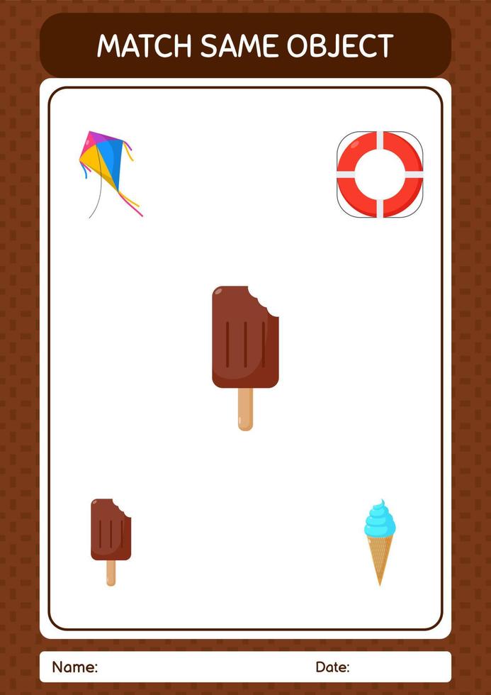 Match with same object game summer icon. worksheet for preschool kids, kids activity sheet vector