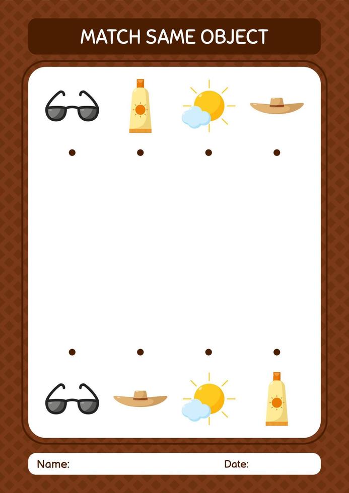 Match with same object game summer icon. worksheet for preschool kids, kids activity sheet vector
