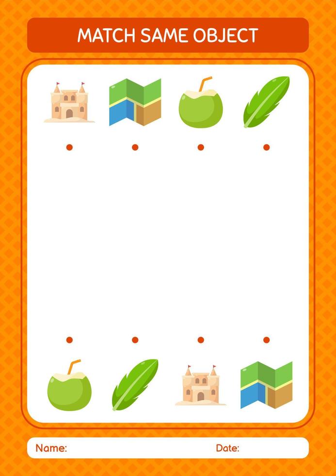 Match with same object game summer icon. worksheet for preschool kids, kids activity sheet vector