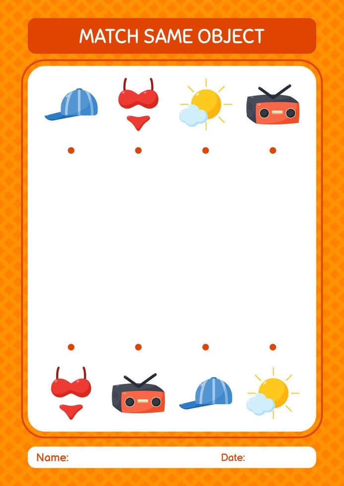 Match with same object game summer icon. worksheet for preschool kids, kids activity sheet vector