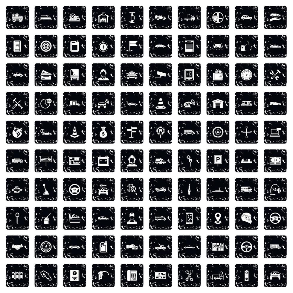 100 auto icons set, grunge style vector