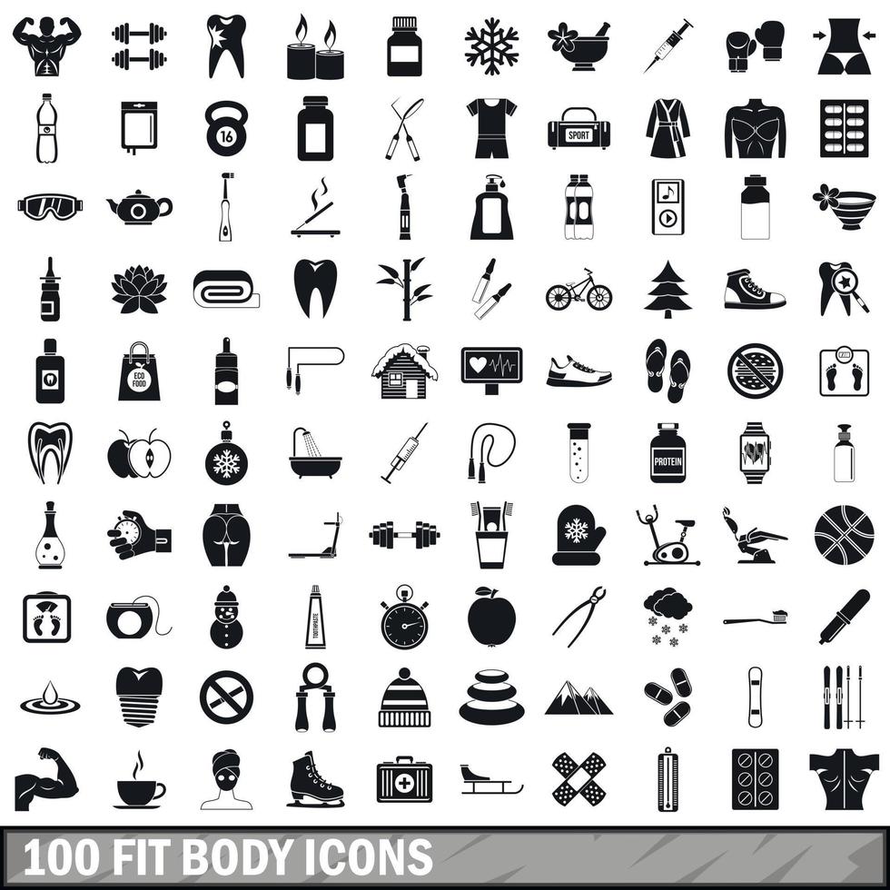 100 fit body icons set, simple style vector