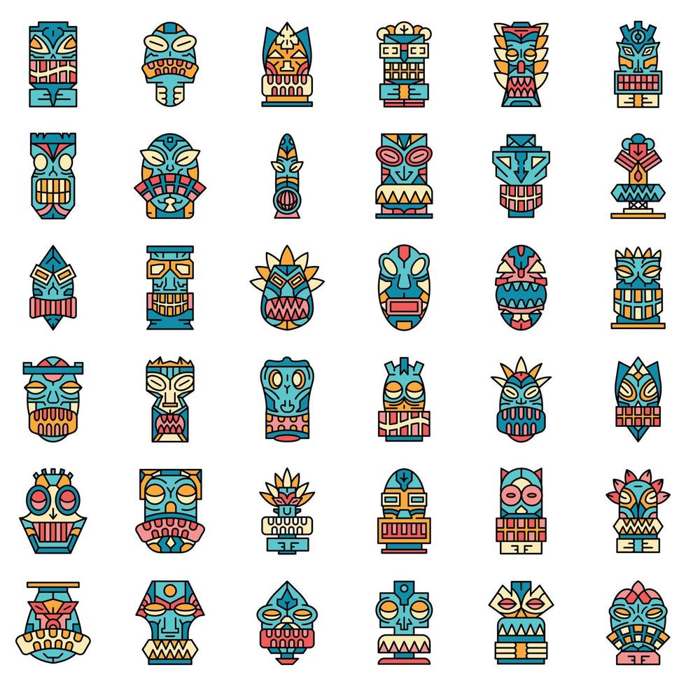Tiki idols icon set line color vector