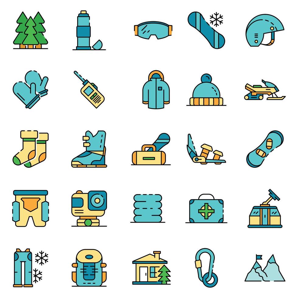conjunto de iconos de equipo de snowboard vector de color de línea