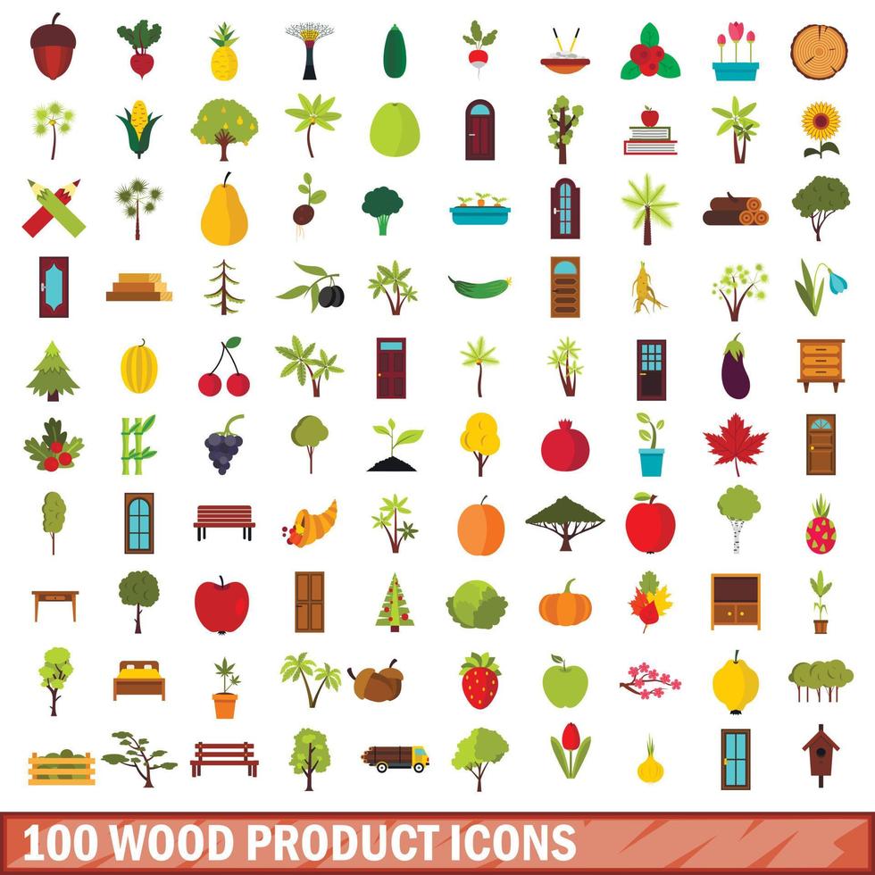 100 wood product icons set, flat style vector