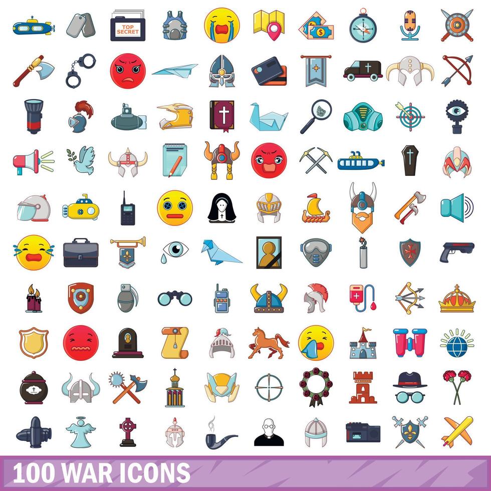 100 war icons set, cartoon style vector