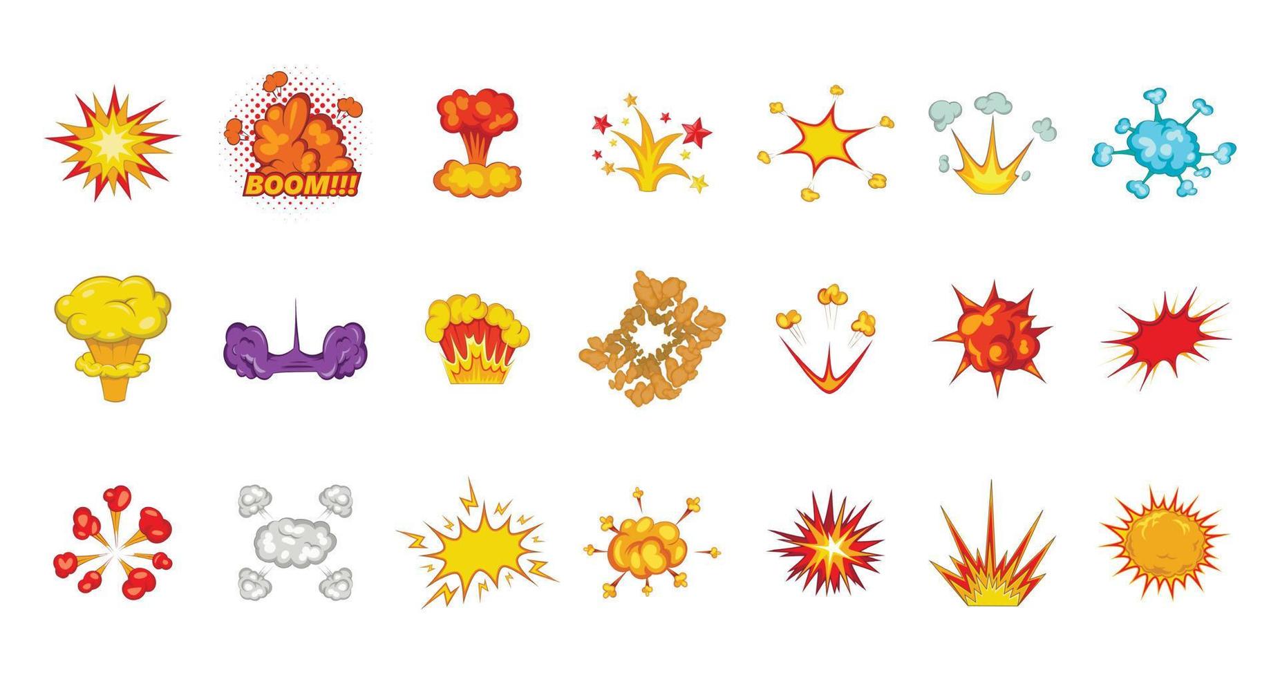 Explosion icon set, cartoon style vector