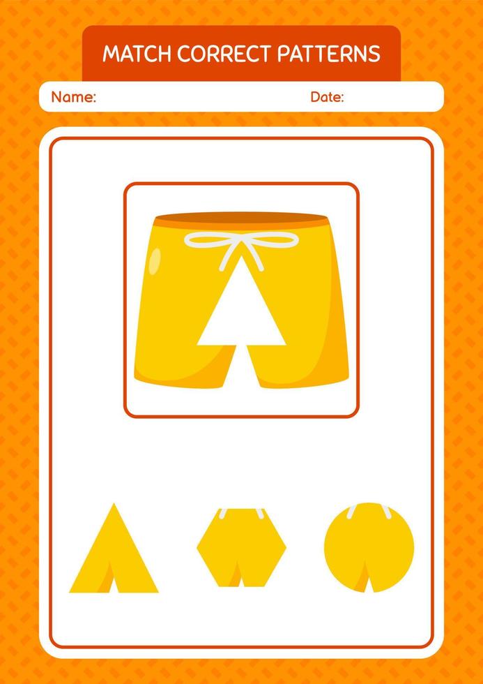 Match pattern game with beach short. worksheet for preschool kids, kids activity sheet vector