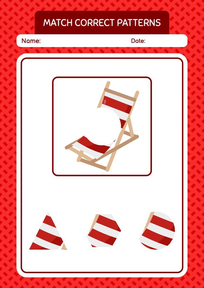 Match pattern game with beach bench. worksheet for preschool kids, kids activity sheet vector