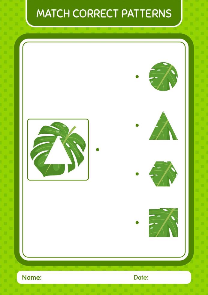 juego de patrón de coincidencia con hoja de monstera. hoja de trabajo para niños en edad preescolar, hoja de actividades para niños vector